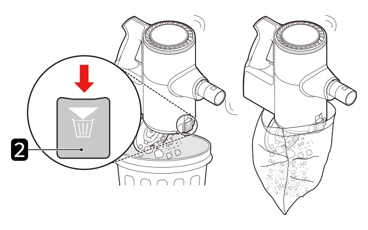 A person presses the dust bin cover release button to open the dust bin cover and shakes the dust bin to empty it. When opening, dust or foreign objects may spill out, so the dust bin is emptied into a wastebasket or another suitable area. The dust bin can also be wrapped in a plastic bag to prevent dust from scattering while being emptied