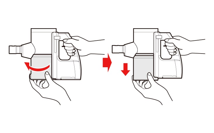 A person holds the dust bin firmly and twists it to the left to detach and separate it from the main body of the product