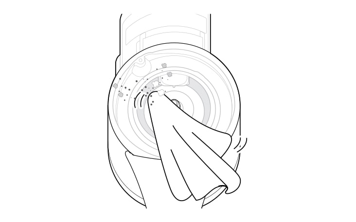 A person turns the product body upside down and shakes it while pressing the lever to remove dust. Then, the person turns the product body over again and wipes the inside of the product clean using a cleaning towel