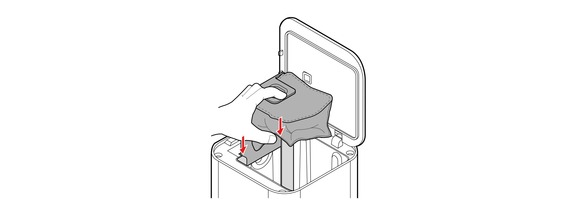 Prepare a new dust bag Slide the dust bag all the way in along the rails of the appliance until a click is heard If a dust bag is not inserted the dust bag door will not close Be sure to insert a new dust bag into place after discarding the used dust bag