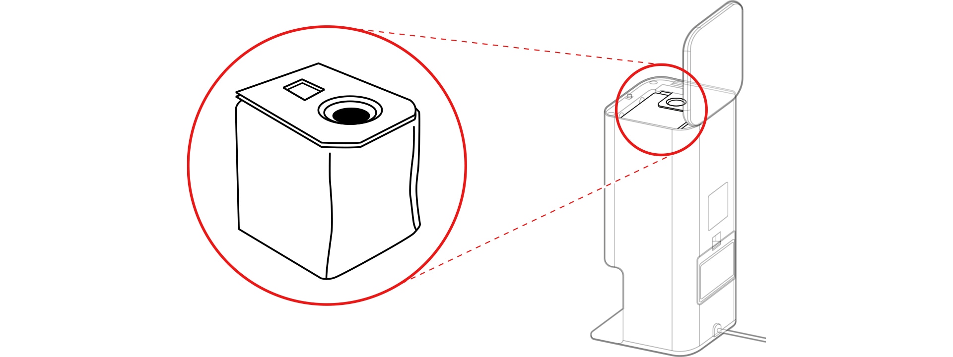 The dust bag is located inside the charging station