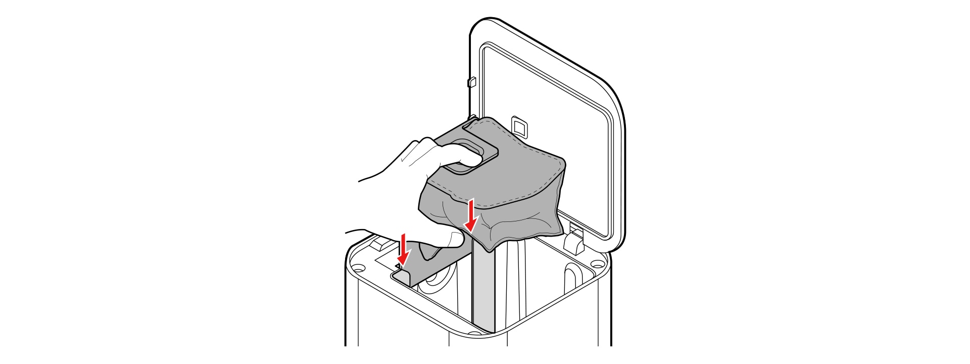 Prepare a new dust bag Slide the dust bag all the way in along the rails of the appliance until a click is heard If a dust bag is not inserted the dust bag door will not close Be sure to insert a new dust bag into place after discarding the used dust bag