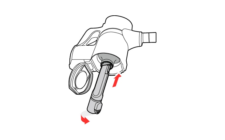 Insert the crevice tool into the cyclonic mesh filter and turn it counterclockwise to remove the filter