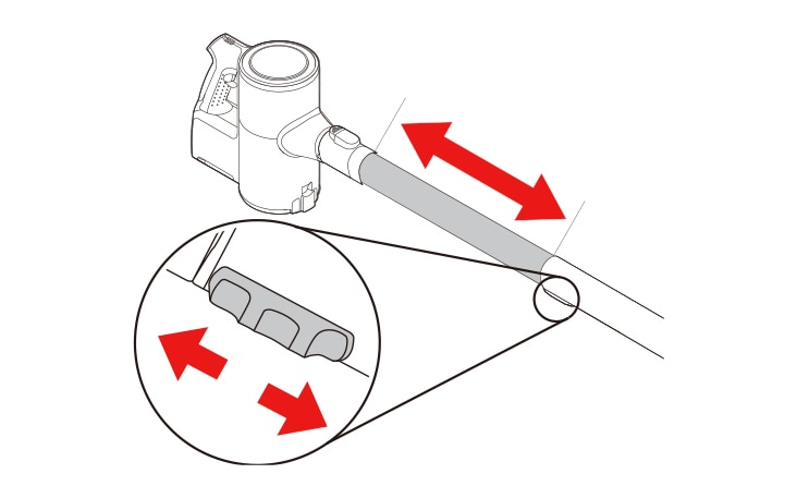 Adjust the extension pipe by pressing the length adjustment button d on the back of the pipe and sliding until it clicks into place at the desired length The extension pipe extends in four steps.