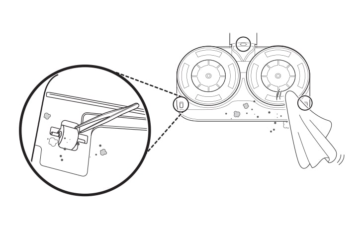 Press the nozzle release button to remove the mop nozzle from the extension pipe and turn the nozzle upside down Use a damp towel or cloth to remove any remaining foreign objects and dust from the bottom of the mop nozzle Remove foreign objects debris and hair from all Rollers of the nozzles using tweezers