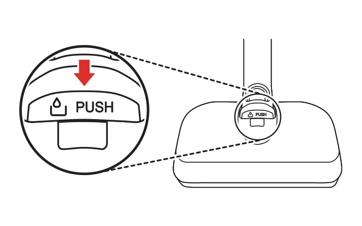 Press the PUSH button to remove the water tank from the mop nozzle