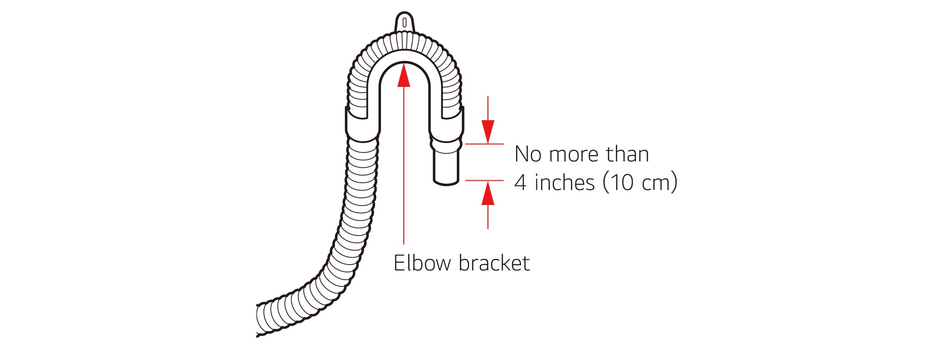 Clip the end of the hose into the elbow bracket Connect the elbow bracket within 4 inches 10 cm from the end of the drain hose If the drain hose is extended more than 4 inches 10 cm beyond the end of the elbow bracket mold or microorganisms could spread to the inside of the washer