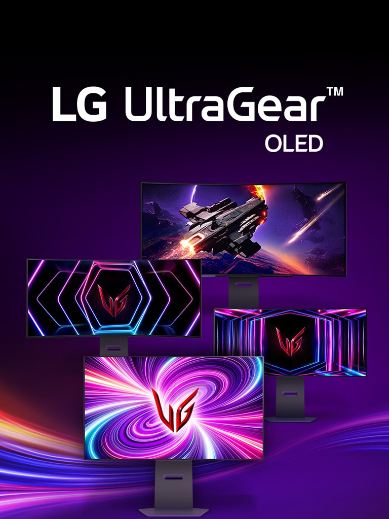 A front view of LG UltraGear™ OLED gaming monitors displaying a gaming screen.