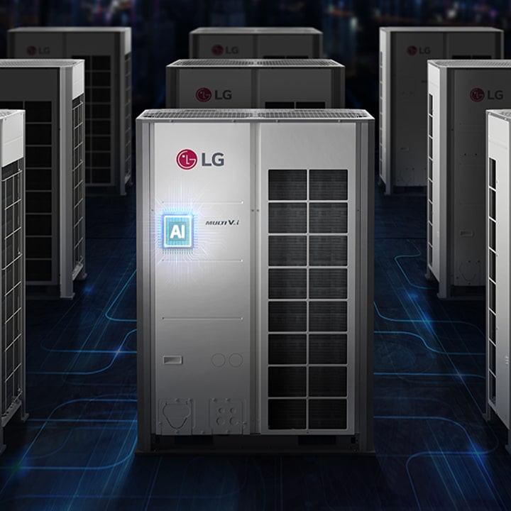 In a futuristic scene, a 2x2 row of LG MULTI V i outdoor units is showcased. The central unit stands out with a blue glowing AI chip at its core.