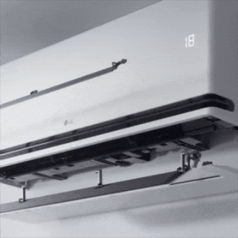 Animation of an LG air conditioner showcasing Dual Vane functionality for precise airflow control.	