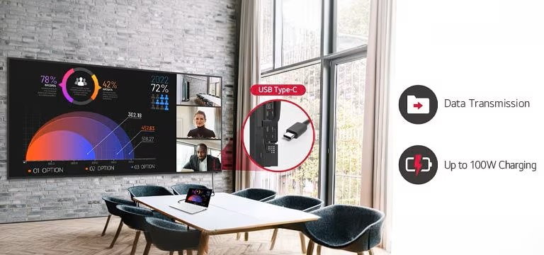 A laptop is connected to the 105BM5N in a meeting room. The 105BM5N supports USB Type-C, allowing simultaneous data transfer and charging through a single cable, promoting a seamless meeting environment.