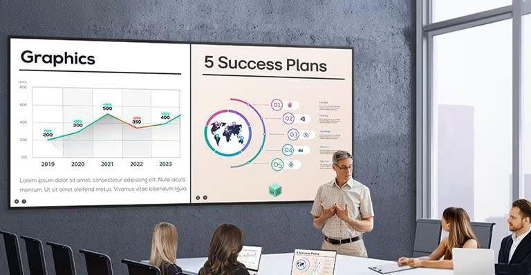 The screens of meeting participants are wirelessly shared on the 105BM5N widescreen, allowing multiple people to share their materials simultaneously on a single screen without any cable interference.