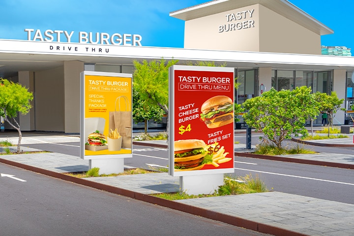 There are two 75XF3Ps installed in the drive-thru zone at the burger place, and they vividly display the burger menu and ads even in bright sunlight.