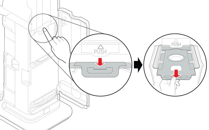 Press button above the PUSH label with one hand The dust bag is released Pull out the dust bag lever to remove the dust bag As the dust bag is pulled out the top opening is closed