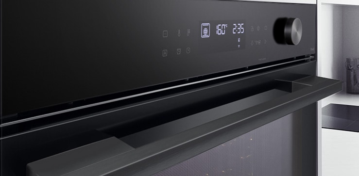Close-up image of oven showing matte black finish.