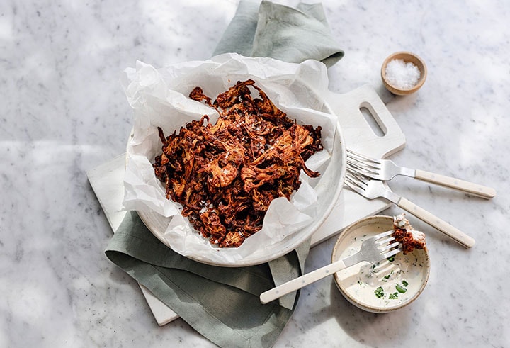 Cauliflower Popcorn Bites With Pickle Mayo