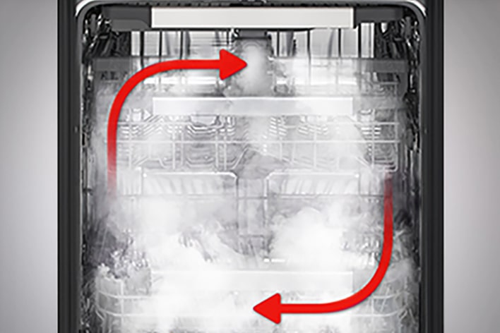 Inside view of steam-filled dishwasher for thorough cleaning.