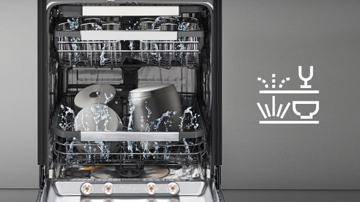 Image of interior of dishwasher with soft water spray in the upper level for glassware and stronger water sprays in the bottom level for bowls and cookware..