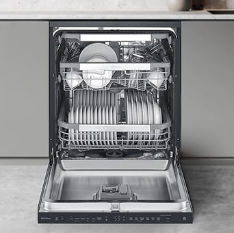 Displays the spacious design of the LG free-standing dishwasher, accommodating a variety of dishes