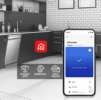 Kitchen interior with partially open free-standing dishwasher and LG ThinQ™ app showing cycle complete notification.