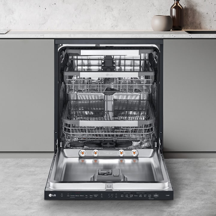 Showcasing how to adjust lg free-standing dishwasher racks to fit various types of dishes.