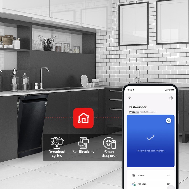 Overall view of a modern kitchen featuring an LG free-standing dishwasher, demonstrating how the LG ThinQ app works with three features: Download Cycles, Notification, and Smart Diagnosis.