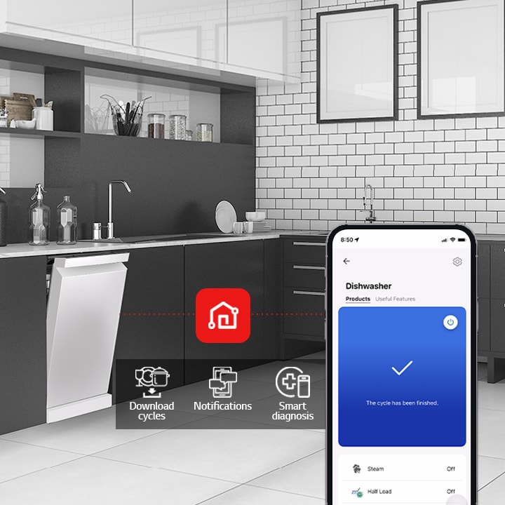 Kitchen interior with partially open free-standing dishwasher and LG ThinQ™ app showing cycle complete notification.