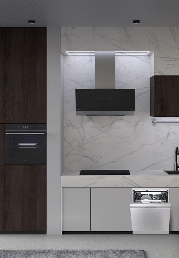 A kitchen with the LG free-standing dishwasher, oven, hood, and induction hob installed.