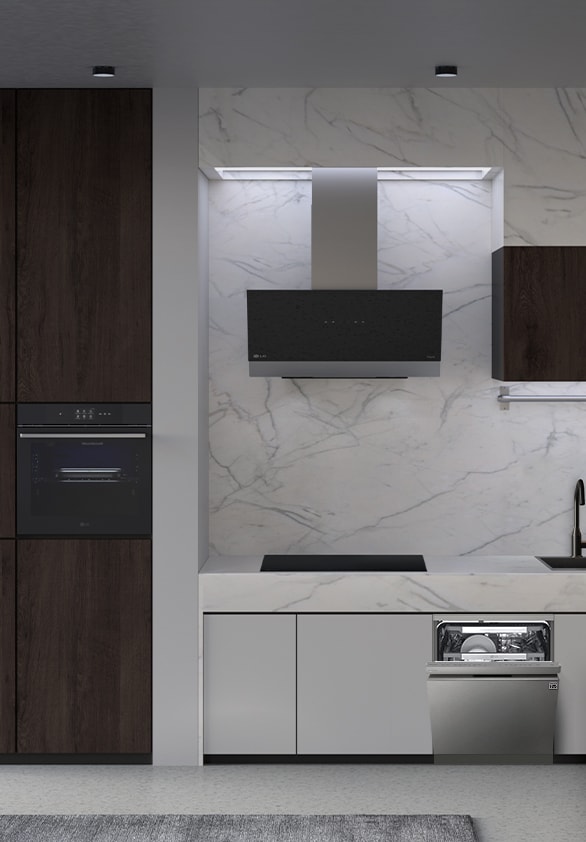 A kitchen with the LG free-standing dishwasher, oven, hood, and induction hob installed.