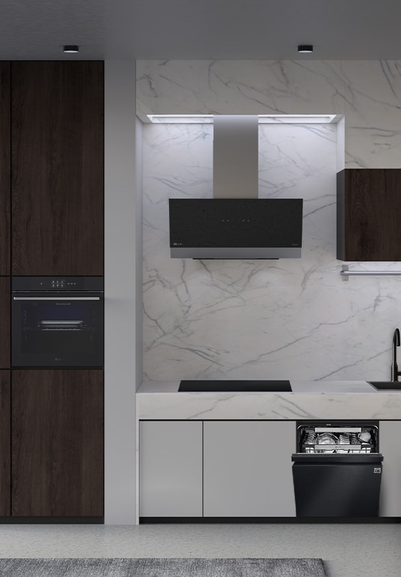A kitchen with the LG free-standing dishwasher, oven, hood, and induction hob installed.
