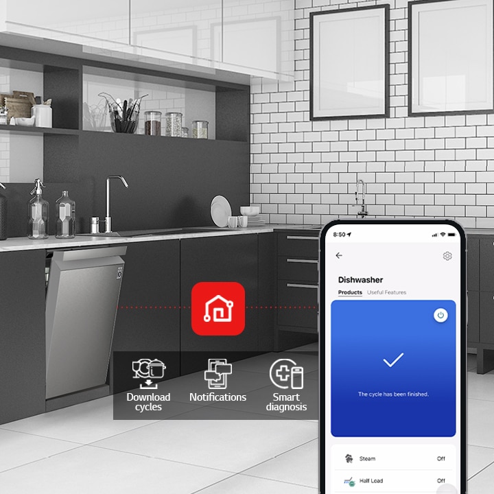 Kitchen interior with partially open free-standing dishwasher and LG ThinQ™ app showing cycle complete notification.