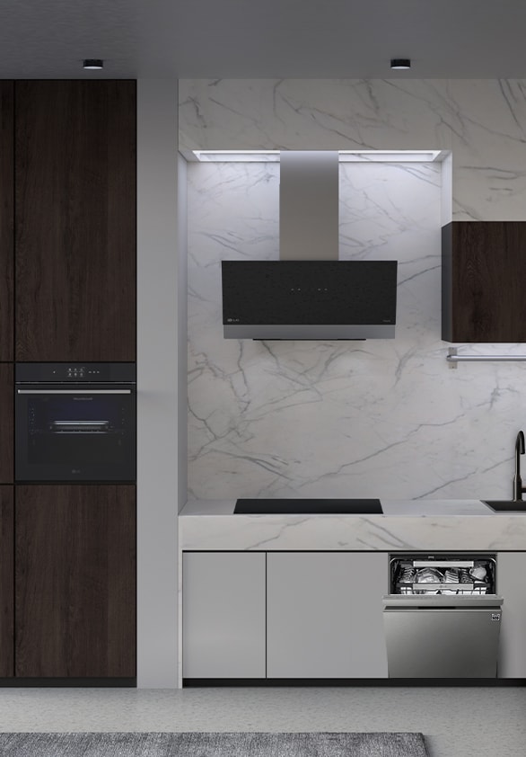 A kitchen with the LG free-standing dishwasher, oven, hood, and induction hob installed.