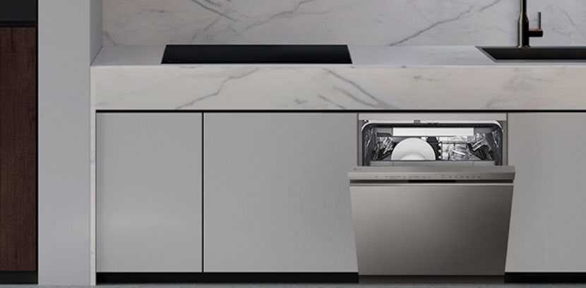 A kitchen with the LG free-standing dishwasher, oven, hood, and induction hob installed.	