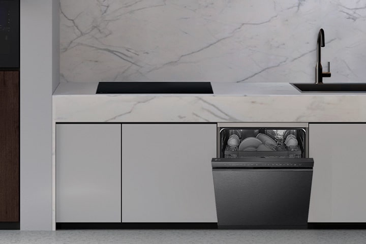 A kitchen with the LG free-standing dishwasher, oven, hood, and induction hob installed.	