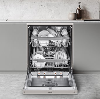 Displays the spacious design of the LG free-standing Dishwasher, accommodating a variety of dishes