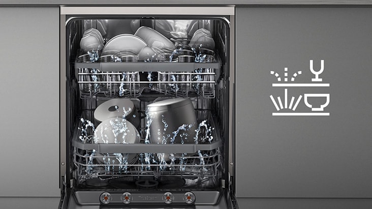 LG dishwasher interior with jets spraying water on cups and pots, symbol indicating cleaning cycles.