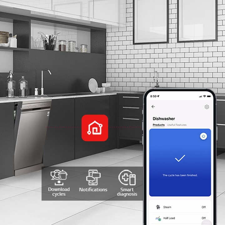 A smartphone displays LG ThinQ® in a kitchen along with 3 app features: Download Cycles, Notifications, and Smart Diagnosis. 