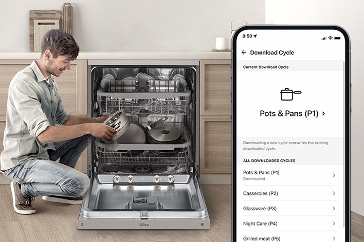 A man is holding a pot next to a dishwasher while a smartphone displays a pots cycle on the ThinQ® app. 
