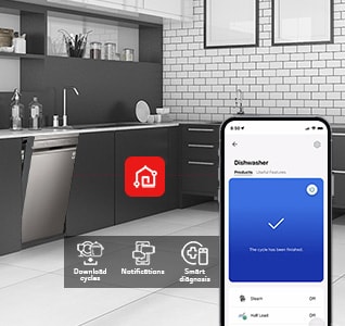 Kitchen interior with partially open free-standing dishwasher and LG ThinQ™ app showing cycle complete notification.