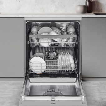 Displays the spacious design of the LG free-standing dishwasher, accommodating a variety of dishes