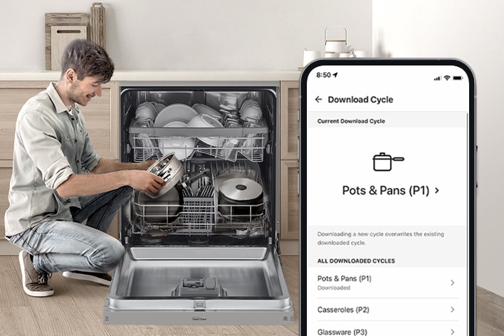 A man is holding a pot next to an LG free-standing dishwasher, while the LG ThinQ app displays the entire cleaning cycle for pots and pans.