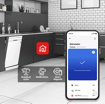 Kitchen interior with partially open free-standing dishwasher and LG ThinQ™ app showing cycle complete notification.