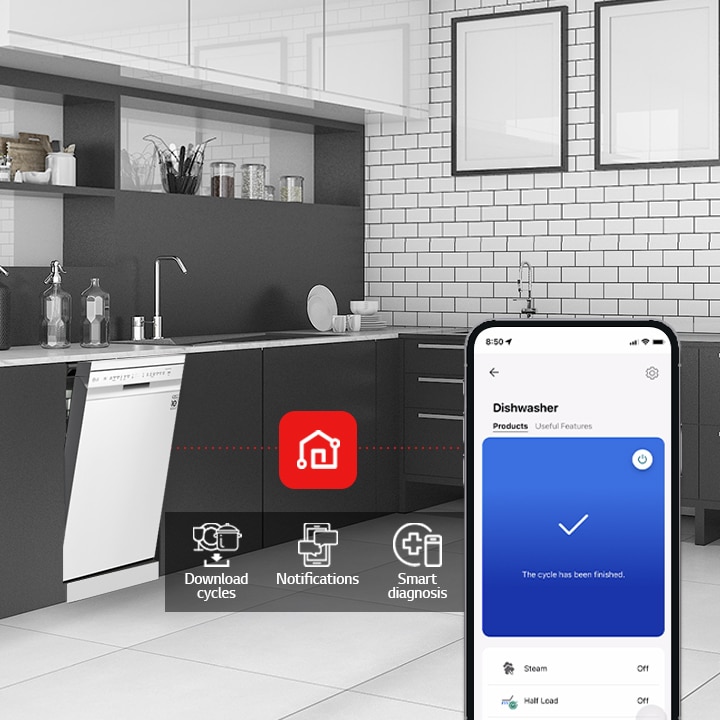 Overall view of a modern kitchen featuring an LG free-standing dishwasher, demonstrating how the LG ThinQ app works with three features: Download Cycles, Notification, and Smart Diagnosis.