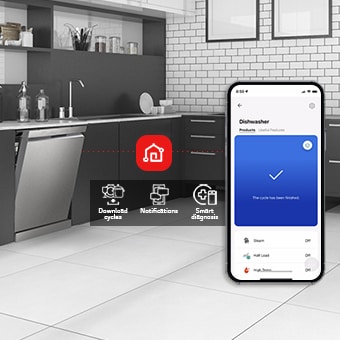 Kitchen interior with partially open free-standing dishwasher and LG ThinQ™ app showing cycle complete notification.