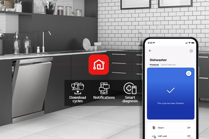 Overall view of a modern kitchen featuring an LG free-standing dishwasher, demonstrating how the LG ThinQ app works with three features: Download Cycles, Notification, and Smart Diagnosis.