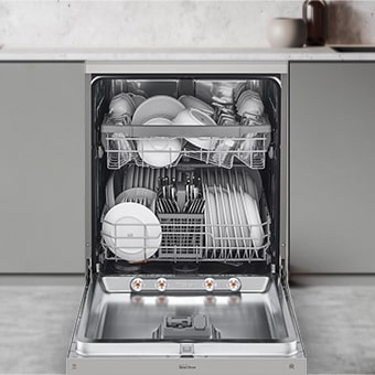 Displays the spacious design of the LG free-standing dishwasher, accommodating a variety of dishes