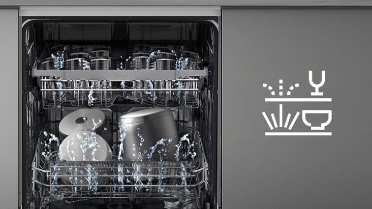 Interior of LG free-standing dishwasher with upper rack washing gently and lower rack washing powerfully.
