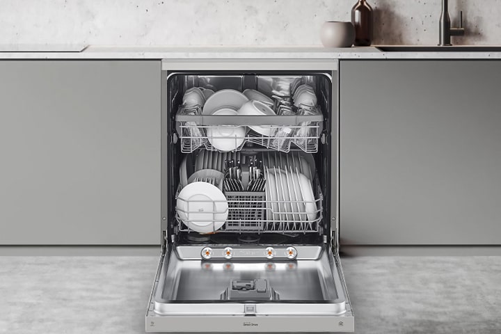 Showcasing how to adjust lg free-standing dishwasher racks to fit various types of dishes.