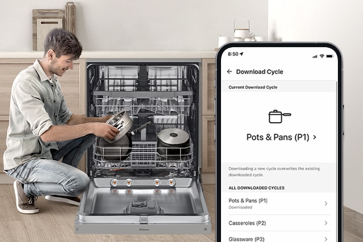 A man is holding a pot next to an LG free-standing dishwasher, while the LG ThinQ app displays the entire cleaning cycle for pots and pans.