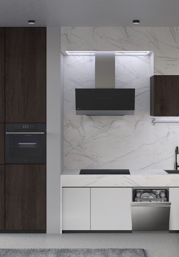 A kitchen with the LG free-standing dishwasher, oven, hood, and induction hob installed.